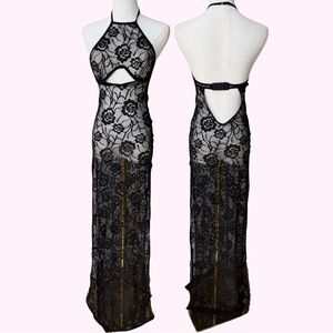 SEXY Mapale Wire Underbust Open Back Halter Sheer Lace Slip Dress sz small